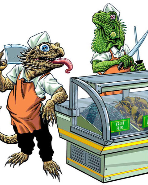 Cartoon lizards in a grocery store setting with a fruit display case.